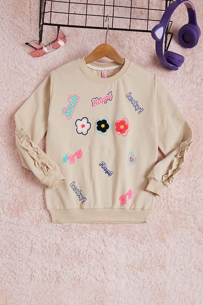 Cansın Mini Cream Floral Embroidered Long Sleeve Girl's Sweatshirt 16302