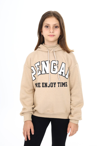 Cansın Mini سويت شيرت بناتي من الصوف بطباعة نص كريمي Pengai 16462