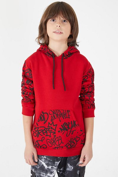 Cansın Mini Boy's Fleece Hooded Sweatshirt with Written Sleeves 14617