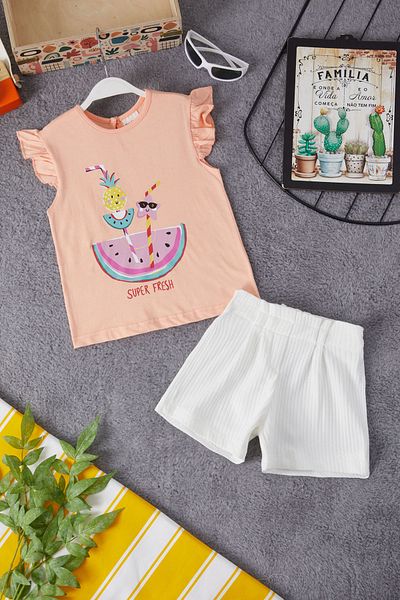 Cansın Mini Fruit Printed Blouse and Shorts Set for Baby Girl 15374
