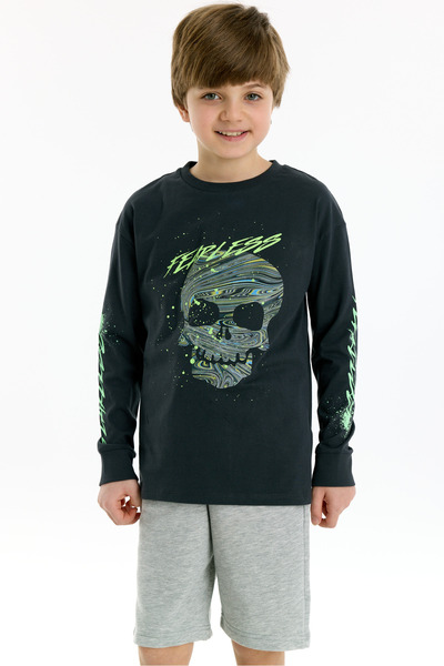 Kyron Μπλουζάκι για αγόρι με στάμπα 100% βαμβακερό κρανίο - Σκούρο γκρι