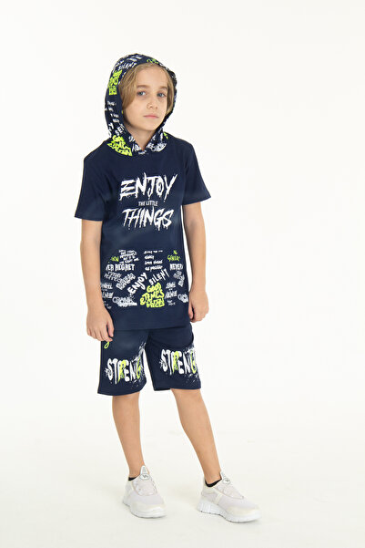 Cansın Mini Boy's Enjoy Printed Hooded Shorts Set 14048