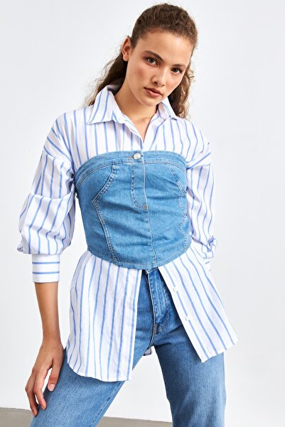 YOUR NAME Düz Yakalı Kemerli Mavi Kadın Denim Crop Top