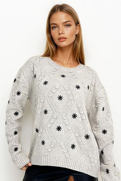 VAGGON Pulover de damă cu tricotaje brodate bej - Prm1176