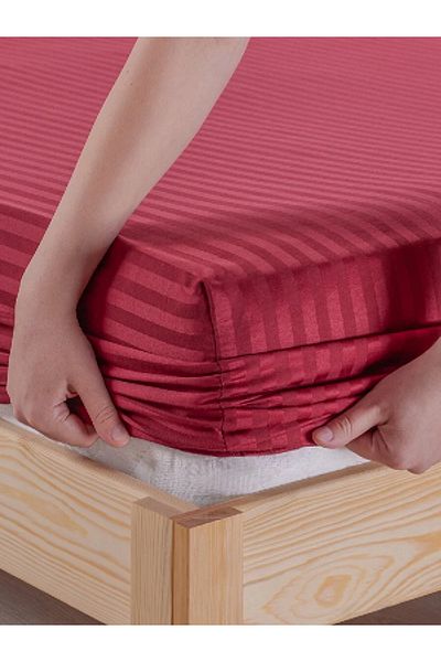 Mrs.Gugar Claret Red Cotton Striped Satin Elastic Sheet Set Single + 1 Pillowcase