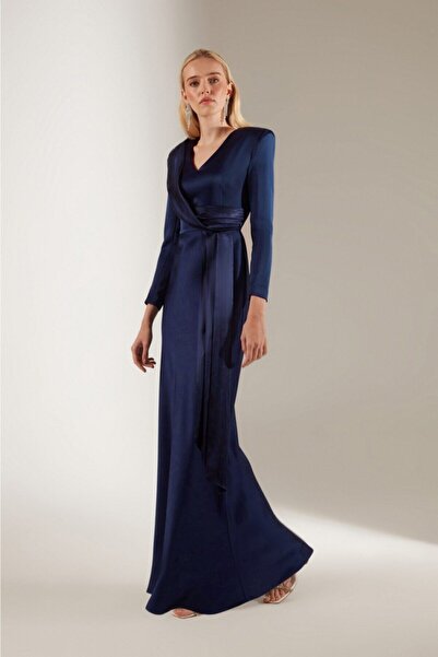 BETTY & SAM V Yaka Şallı Saks Gece Elbisesi