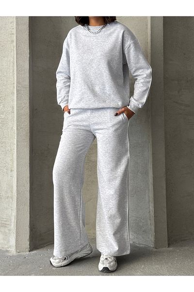 Cappmoda TKM-03636 Φούτερ Karmelange και αθλητική φόρμα Palazzo - Σετ με λεπτή λεπτομέρεια, χαλαρό, δύο κλωστές