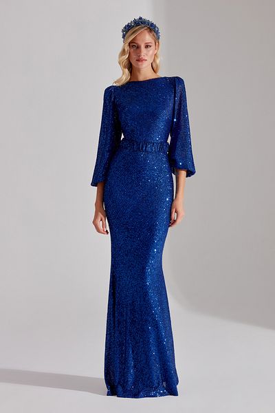 BETTY & SAM GRACE Sparkly Sequined NAIL BLUE Balloon Sleeve Maxi Boy Evening Dress