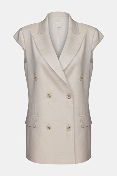 W Collection Beige Swallow Collar Buttoned Linen Viscosa Jacket