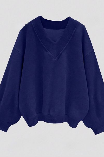 Know Marineblaues, einfarbiges Damen-Sweatshirt mit V-Ausschnitt und 3 Fäden in Übergröße
