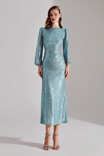 BETTY & SAM NICOLE Water Green Sequined Balloon Sleeve Midi Dress
