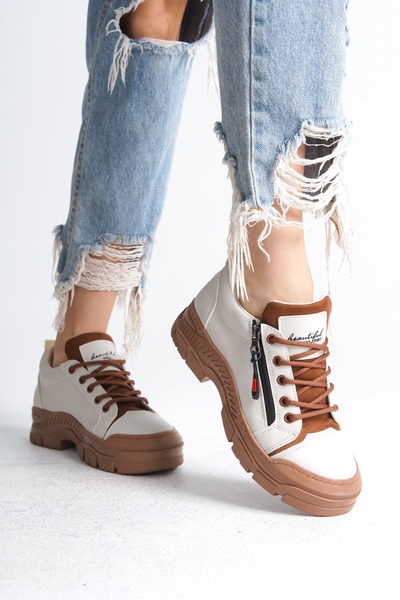 Zerenyus NARİTHA Bağcıklı Fermuarlı Ortopedik Taban Kadın Sneaker Krem-Taba