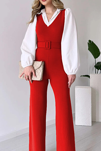 Neşeli Butik Women's Red Belted Shirt Detailed Lycra Jumpsuit Nbk2063