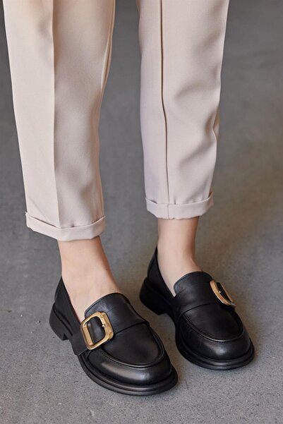 NILUFARR Балірене Чорні Жіночі Лофери З Натуральної Шкіри З Золотими Застібками