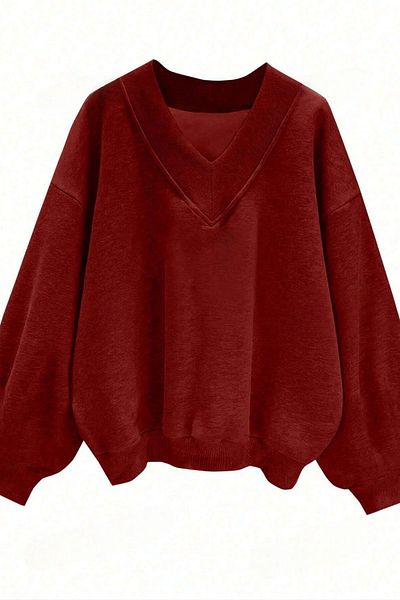 Know Damen-Sweatshirt mit 3 Fäden, rot, einfarbig, V-Ausschnitt, Oversize