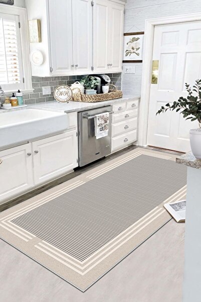 West Home Makinede Yıkanabilir Kaymaz Taban Leke Tutmaz Bej Çizgili Salon Hal...