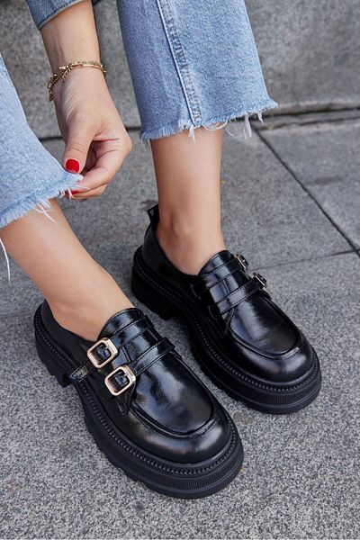 NILUFARR Belly Black Patent Leather Genuine Leather Thick Soled Women's Loafer