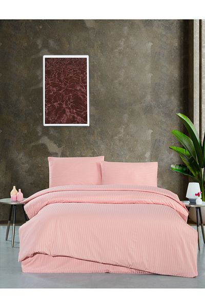 Firuze Satin Double Duvet Cover Set Solid Color Line Pattern High-End Soft and Bright