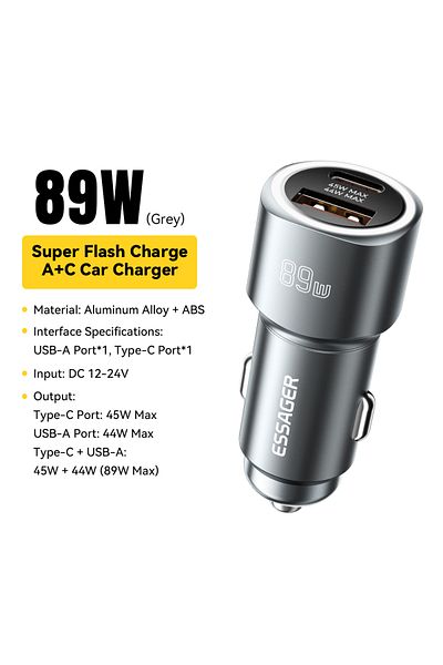 Choice 89w Gray Essager Usb C Car Charger 89w 2 Ports Super Fast Charge Pd Qc 3.0 Car Phone Charger For Iph