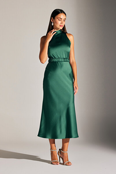 BETTY & SAM SIENA BEZ RUKÁVOVÝ MADDEN LÍMEC SMAMARDOVÉ ZELENÉ SATÉNOVÉ NOČNÍ ŠATY