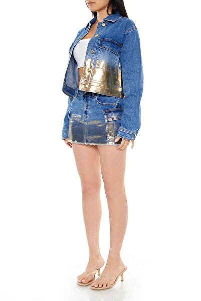 Forever 21 Metallic Denim Kargo Mini Etek