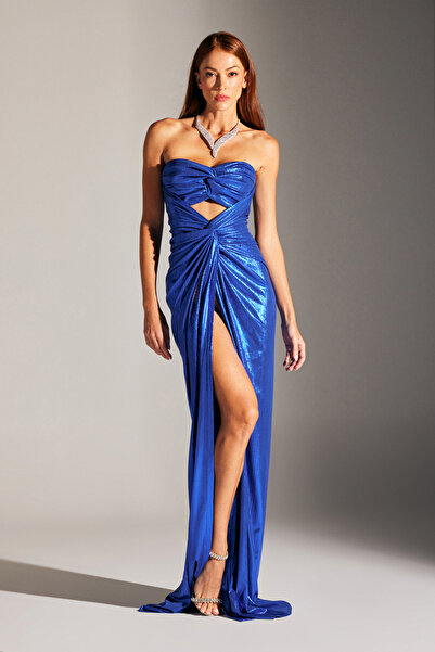 BETTY & SAM FLAVİA parıltılı Vücuda Oturan DRAPELİ SAKS abiye gece elbisesi