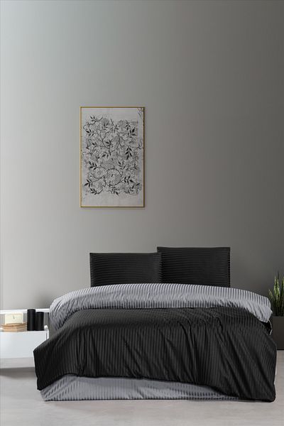 Firuze Black & Gray Satin Double Duvet Cover Set - Line Pattern & Double Sided Duvet Cover Set