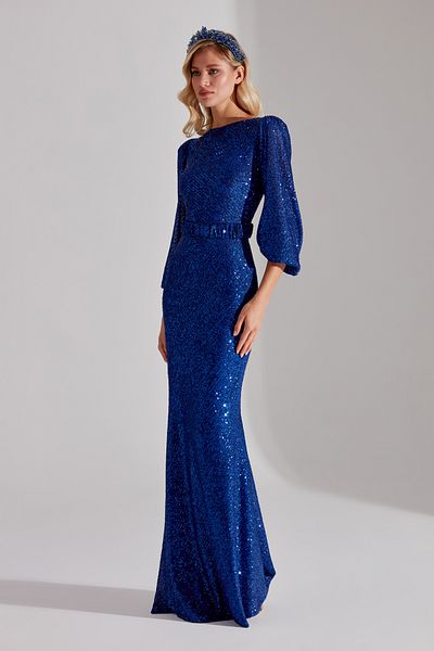 BETTY & SAM GRACE Sparkly Sequined NAIL BLUE Balloon Sleeve Maxi Boy Evening Dress