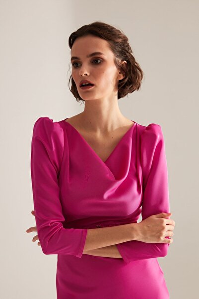 BETTY & SAM Degaje Yaka Kloş Etek Fuşya Nişan Elbisesi