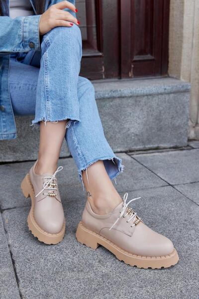 NILUFARR Pavia Nude Hakiki Deri Bağcıklı Kadın Loafer