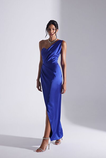 BETTY & SAM OLA TEK KOL DRAPELİ SAKS ABİYE ELBİSE