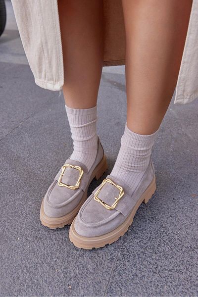 NILUFARR Дамски мокасини Maggie Beige Velvet от естествена кожа със златна катарама
