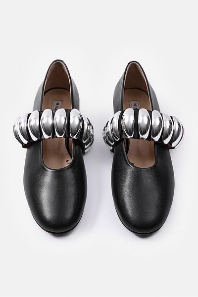 NILUFARR Merry Black Genuine Leather Women's Ballerinas with Silver Accessories