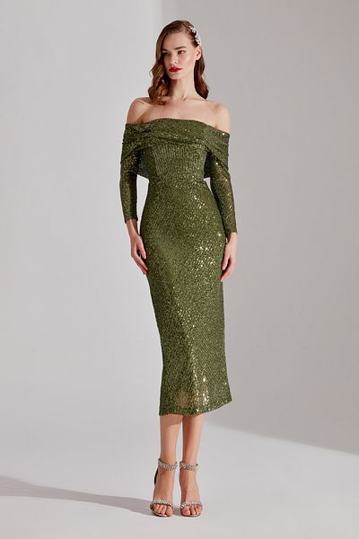BETTY & SAM NATALIA Khaki Sequined Off-Shoulder Evening Dress - Pencil Skirt