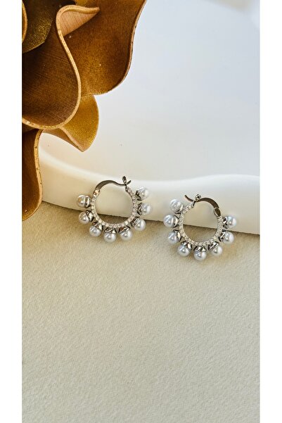 Butik İncili Halka Çelik küpe