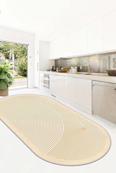 West Home Covor de bucătărie oval bej - lavabil, bază anti-alunecare, reziste...