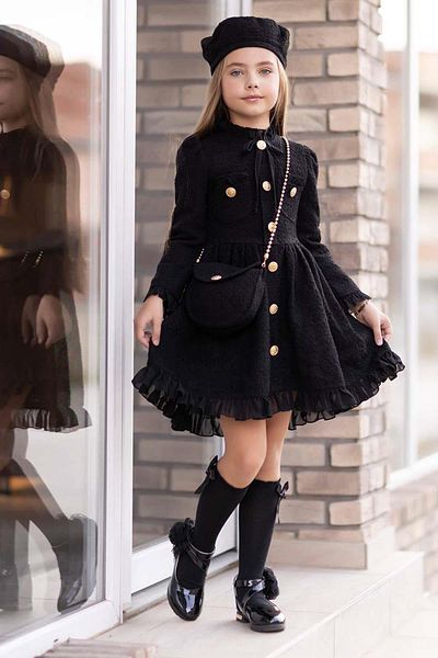 Riccotarz Girl's Gold Button Detailed Black Knitwear Dress with Frilled Hem