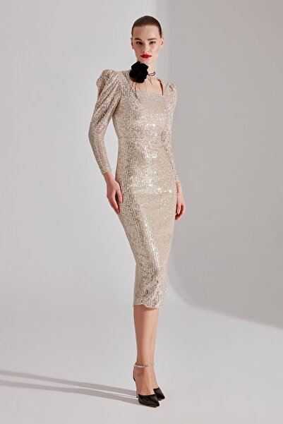 BETTY & SAM RENATA Işıltılı DORE Kare Yaka Kalem Elbise