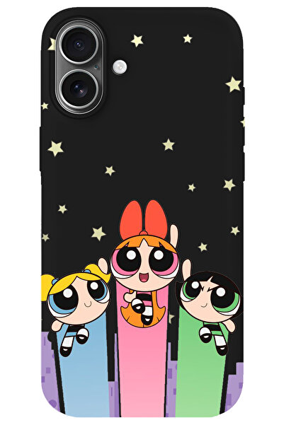 WANNA PROTECT iPhone 16 Siyah İçi Kadife Puff Girl Power Desenli Silikon Tele...