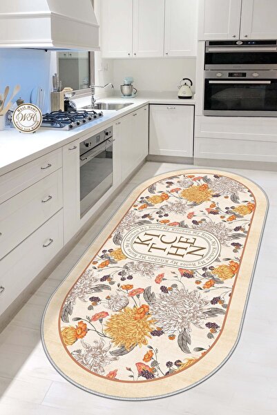 West Home Makinede Yıkanabilir Kaymaz Taban Leke Tutmaz Bej Mutfak Halısı Mut...