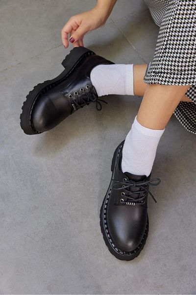 NILUFARR Pavia Black Genuine Leather Lace-Up Women's Loafer