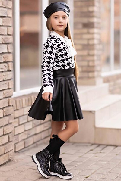 Riccotarz Girl's Collar Tie Shirt Knitwear Cardigan Black Leather Skirt Set