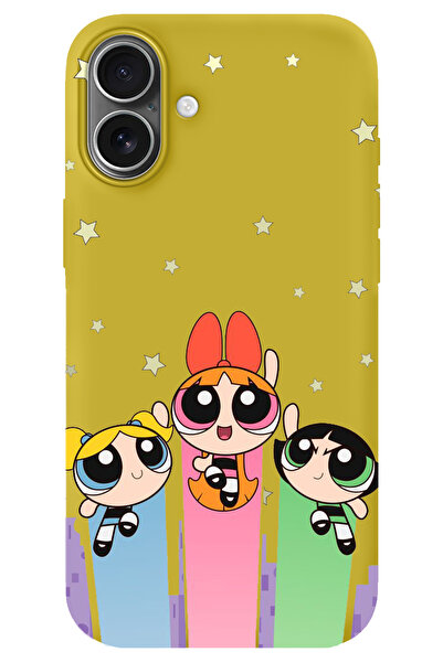 WANNA PROTECT iPhone 16 Sarı İçi Kadife Puff Girl Power Desenli Silikon Telef...