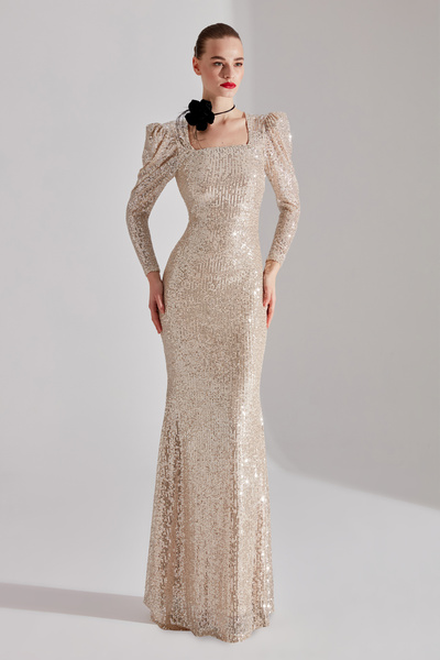 BETTY & SAM ANJAA Işıltılı DORE Kare Yaka Balık Gece Elbisesi