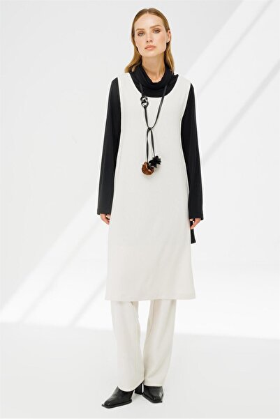 Esswaap Fitilli Örme Kumaş Yanları Pencere Detaylı Tunik Pantolon Takım - Ekru