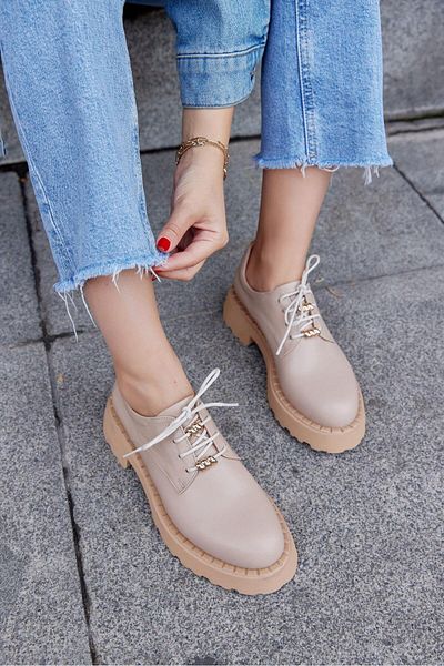 NILUFARR Pavia Nude Genuine Leather Lace-Up Women's Loafer