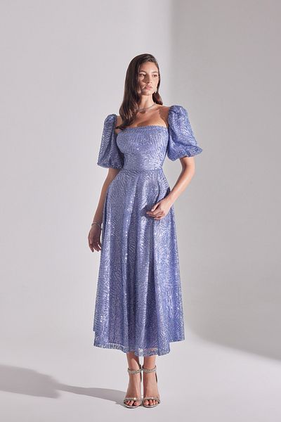 BETTY & SAM Sarah Glitter Balloon Sleeve Flounced Midi Engagement Dress