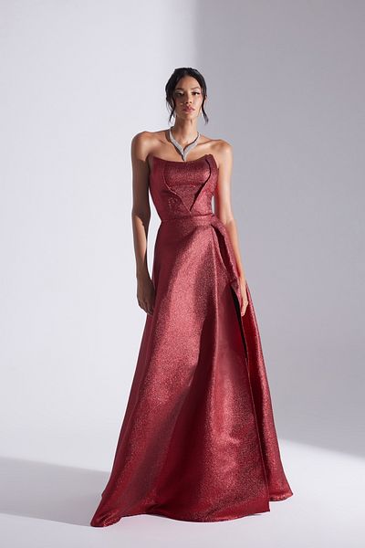 BETTY & SAM Alex Red Jacquard Slit Strapless Evening Gown