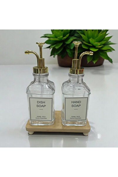 NERİVA HOME Bambu Standlı 2’li Gold Renk Cam Sıvı Sabunluk Deterjanlık Seti