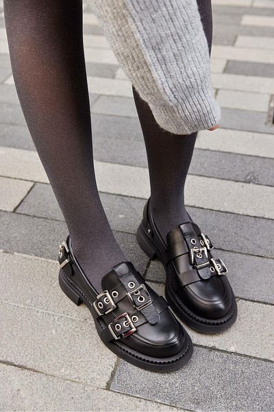 NILUFARR Ophelia Black Genuine Leather Buckle Women's Loafer